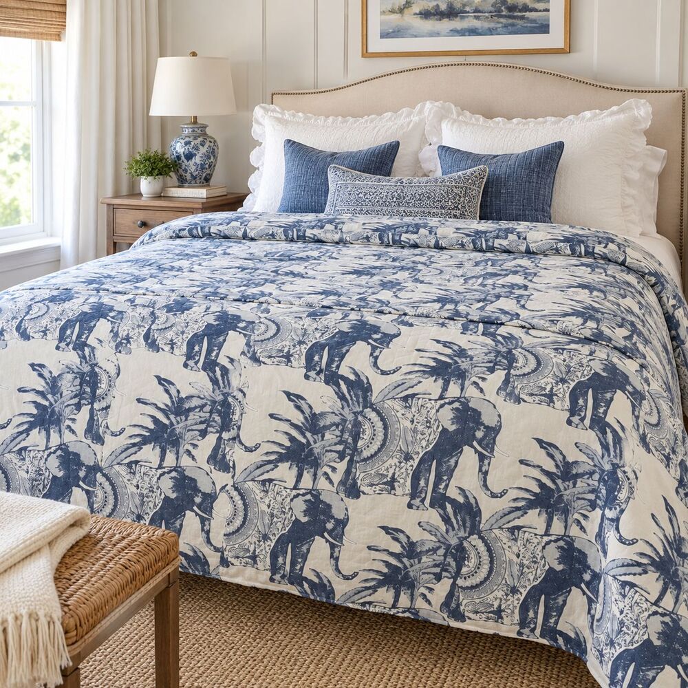 Pottery Barn Ari Elephant Toile Print Duvet Cover Full Queen Blue Linen Cotton